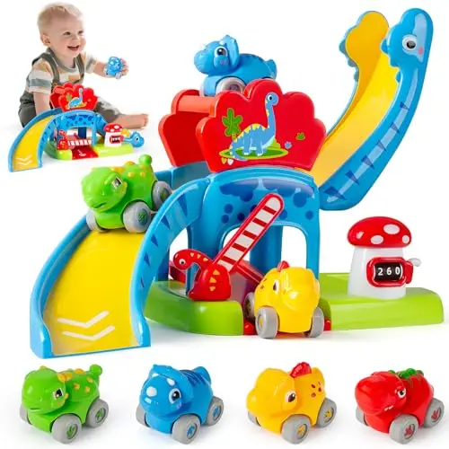 Dinosaur-themed car race track slide toy for toddlers