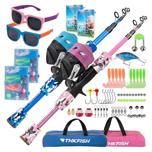 THKFISH pink and blue kids fishing pole 2-pack set with sunglasses and tackle boxes
