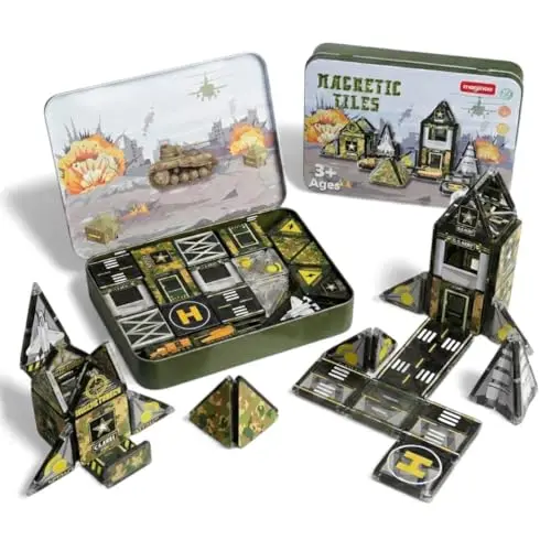 Camouflage-printed magnetic tiles in an iron box for building army bases
