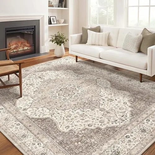 homewill brown vintage floral 10x12 washable non-slip area rug