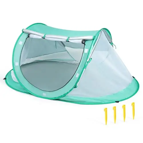 Green Orzbow pop-up beach tent showing its spacious interior and mesh siding.