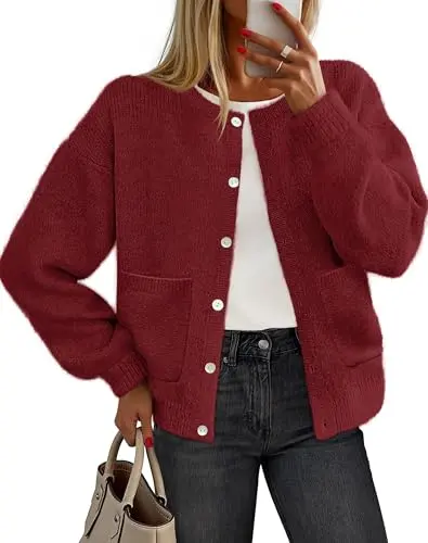 Merokeety women's crewneck button cardigan in wine color