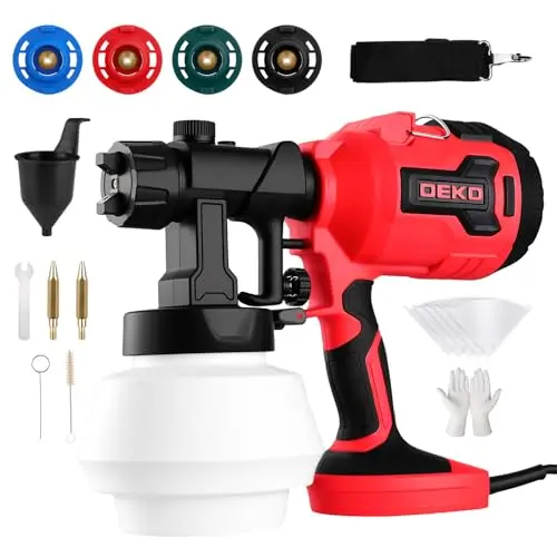 DEKOPRO red 700W electric spray paint gun with brass nozzles.