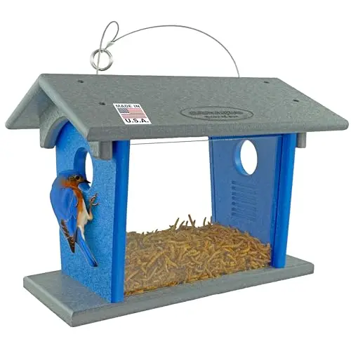 DutchCrafters gray and blue poly bird feeder with a hinged roof and clear side panels