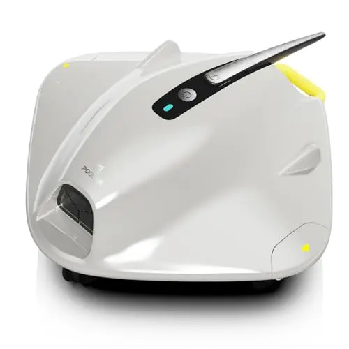 PoolMr grayish-white robotic pool cleaner with tracks climbing a pool step