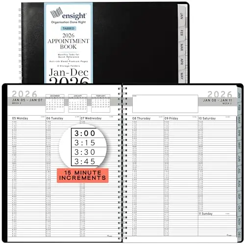 Ensight 2026 black PVC cover appointment book open to a weekly layout