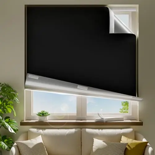 ZELMINE portable blackout curtain with hook and loop tape, shown blocking a window.