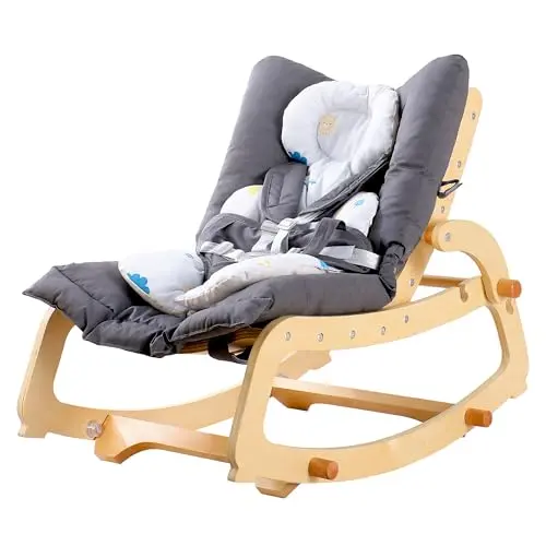 MallBest 3-in-1 wooden baby rocker chair with double cushions in grey