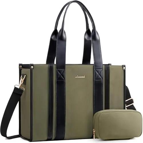 LOVEVOOK canvas quilted laptop tote bag in green black
