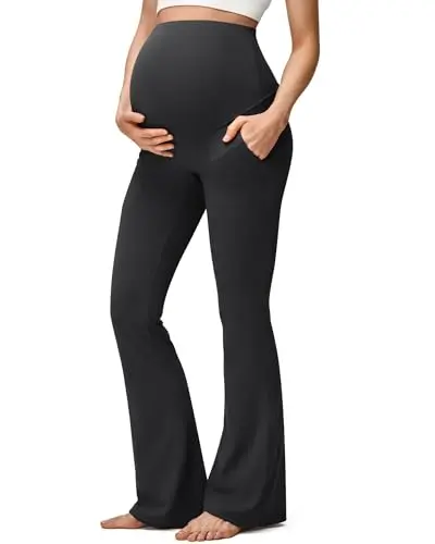 G4Free black flare-leg maternity yoga pants with side seams and pockets
