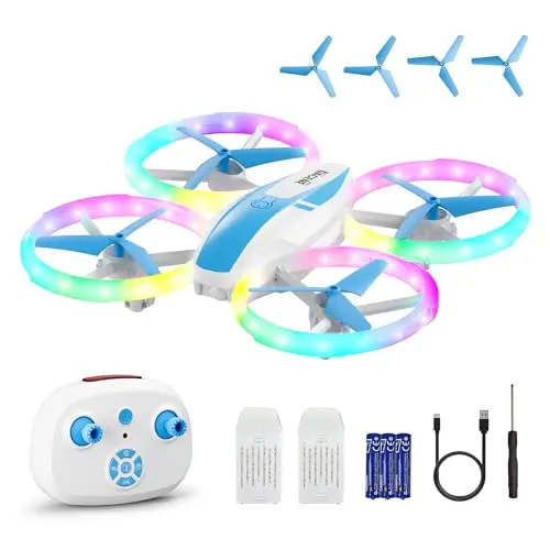 Blue Dacene X65 mini drone with LED lights and propeller guards