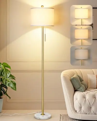 Qingmiao gold floor lamp with marble base and white linen shade