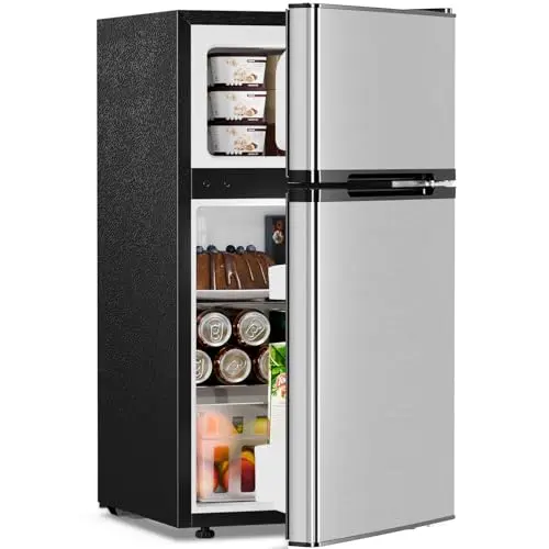 Antarctic Star 3.2 cu.ft silver mini refrigerator with double doors and freezer