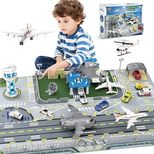 Airport playset with multiple planes, vehicles, control tower, and a large illustrated playmat
