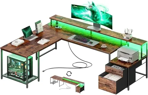 PRAISUN L-shaped computer desk with RGB LED lights and printer stand