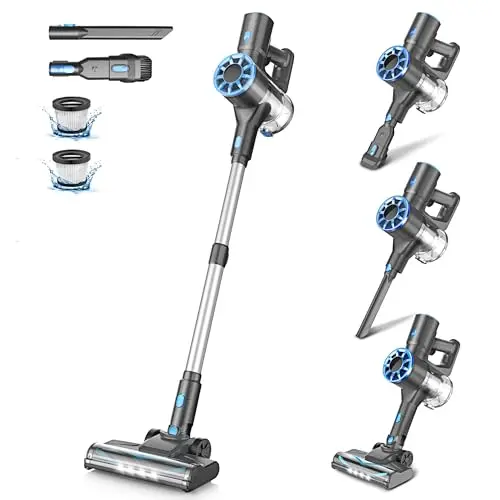 Vazone blue self-standing cordless stick vacuum cleaner with LED screen