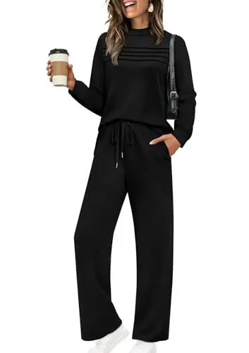 WIHOLL women's two-piece lounge set in black, featuring a long sleeve top with side slits and wide-leg pants.