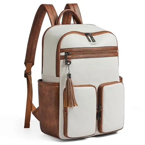 Shrrie beige and brown faux leather laptop backpack with a structured design
