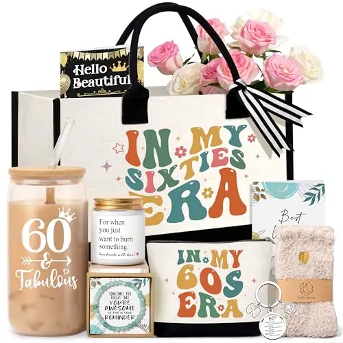LEPICHE 60th birthday gift basket with tote bag, makeup pouch, and glass cup
