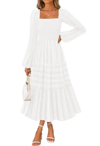 MEROKEETY women's long sleeve square neck maxi dress with tiered hem