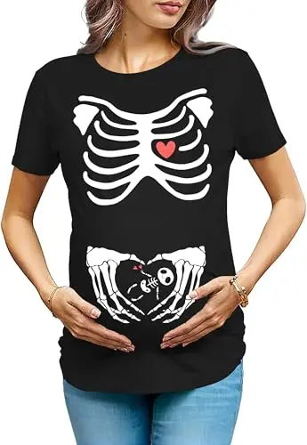 OCURHU Maternity Halloween Shirt with Skeleton and Pumpkin print