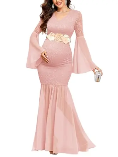 AISWI maternity gown with long bell sleeves and floral lace