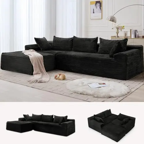 Korser black corduroy L-shaped sectional sofa with side pockets and a low, modern profile