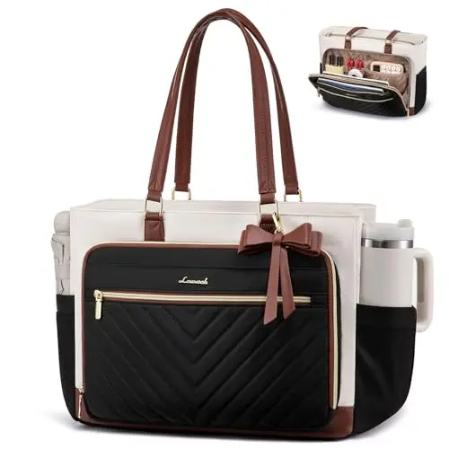 LOVEVOOK quilted teacher tote with leather accents and large cup holder
