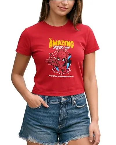 Marvel Spider-Man Women's Graphic Tee Set featuring cropped tops, tanks, and a crewneck with retro graphics