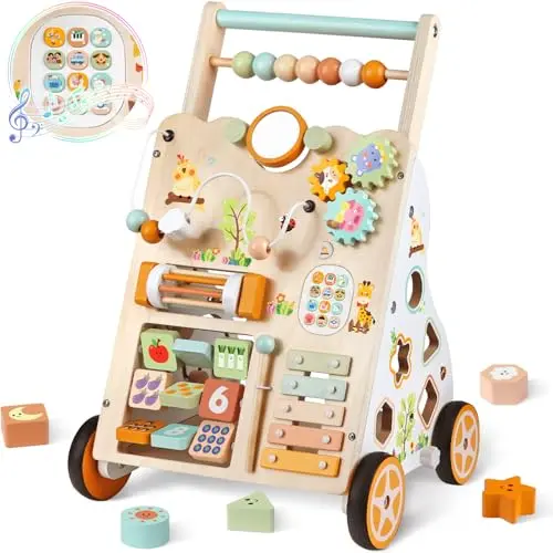Wooden baby push walker with activity panel and wheels