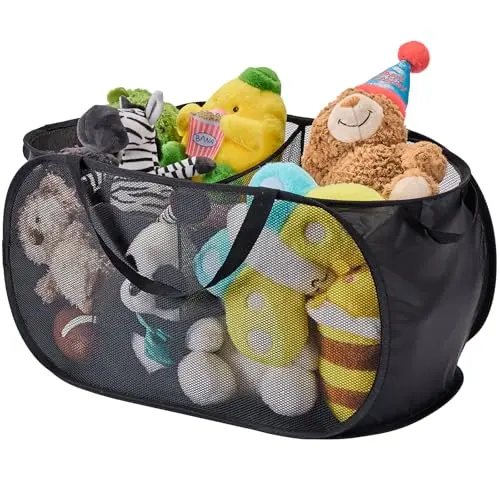 Black mesh fabric storage bin with two compartments, steel frame support, and multiple reinforced handles