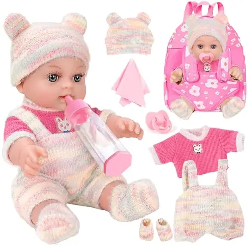 ZQDOLL 12 inch baby doll with pink floral backpack carrier in a gift box