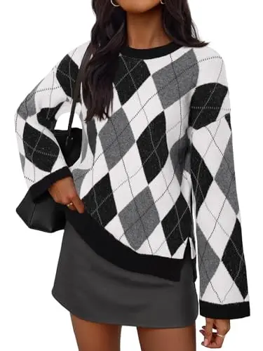 MEROKEETY women's argyle plaid color block sweater in grey