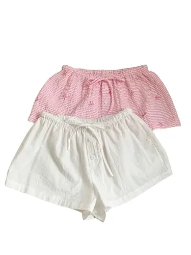 MakeMeChic Women's 2 Pack Linen Shorts in pink and white striped gingham