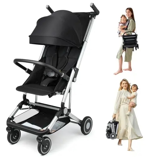 OutLitt black umbrella stroller folded compactly with a shoulder strap