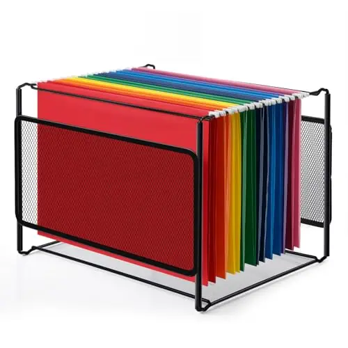Comix black metal mesh hanging file organizer for letter-size folders on a desk