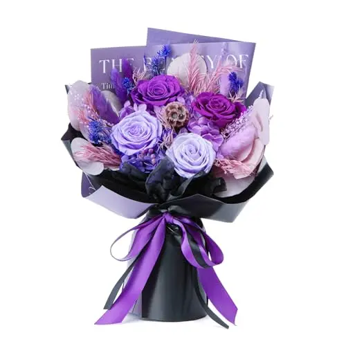 Bessol preserved purple rose bouquet in a vase, presented in an elegant gift box