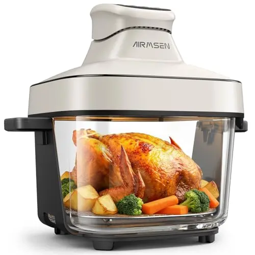 Airmsen 6.3 QT glass air fryer in cream color on a kitchen counter