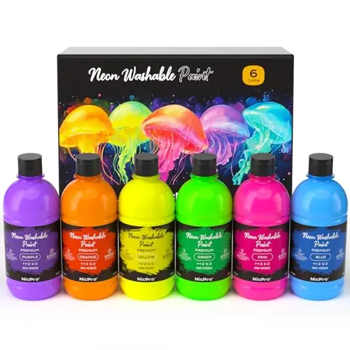 Nicpro 6 Colors Fluorescent Washable Paint that glows under black light