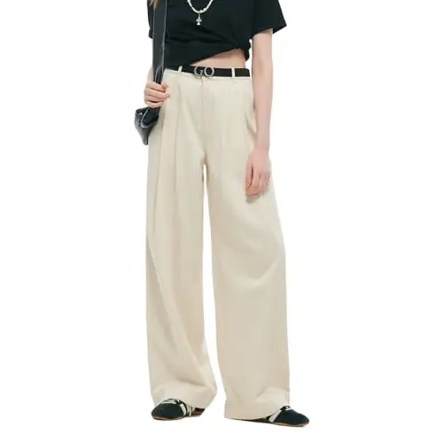 Goelia women's palazzo pants in Tencel blend, wide leg, adjustable waist, off-white color