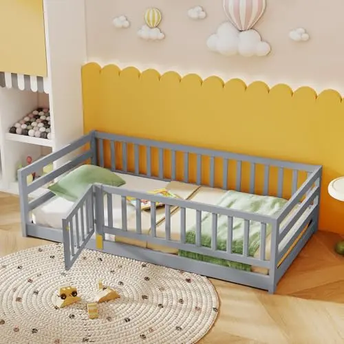 KOMFOTT grey wooden floor bed with high safety guardrails and a door