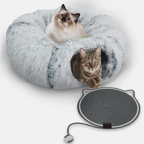 CERADOR Gray Plush Collapsible Cat Tunnel Donut Bed with Scratch Pad