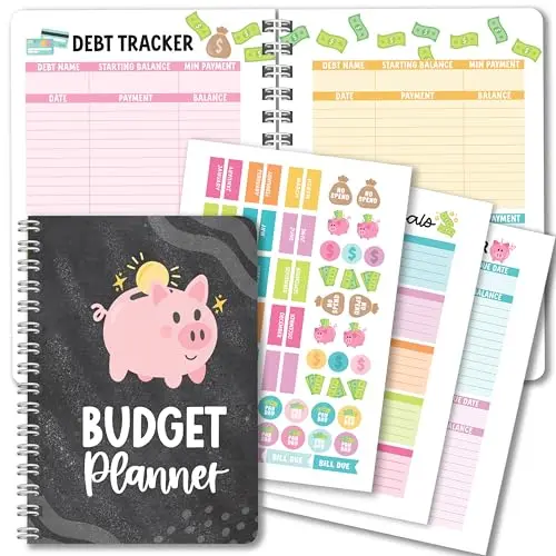 Hadley Designs Budget Planner in Chalk Gray with spiral binding and open pages showing financial trackers