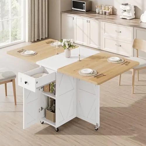 Jocoevol foldable dining table with pear wood white finish, drawer, and storage shelves