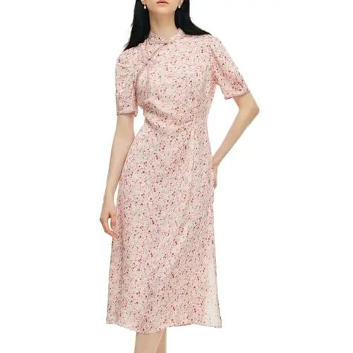 Goelia women's pink floral print qipao midi dress with side twist, short sleeves, and mandarin collar