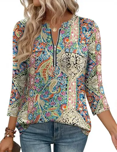 LOMON 3/4 Sleeve Tops women's blouse with zipper front