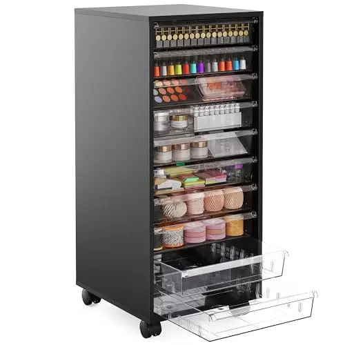 WOPITUES wooden cart with ten large clear plastic drawers on wheels