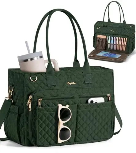 Teacher tote bag with large cup holder and multiple front zipper pockets