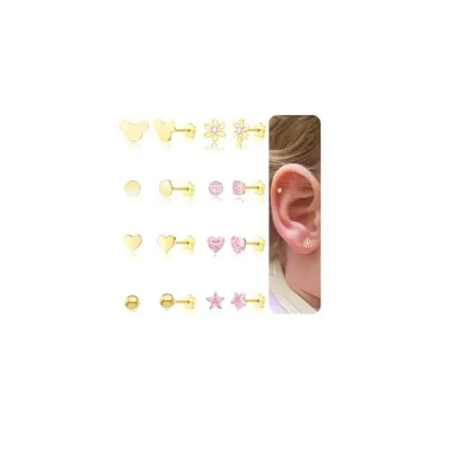 DAILI 8-pack of titanium and gold-plated flat back screw stud earrings with hearts, stars, and flowers