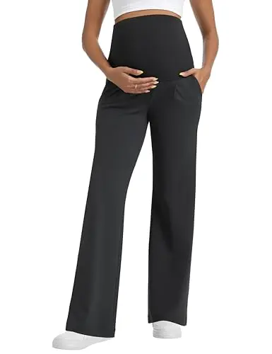Foucome black wide-leg maternity trousers with a full panel and side pockets.